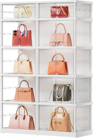 10 Cube Clear Handbag Storage Organizer for Closet,Large Plastic Handbag Display Case With Wheels,Foldable Purse Cabinet With Doors, 5Tier-10 Cubbies