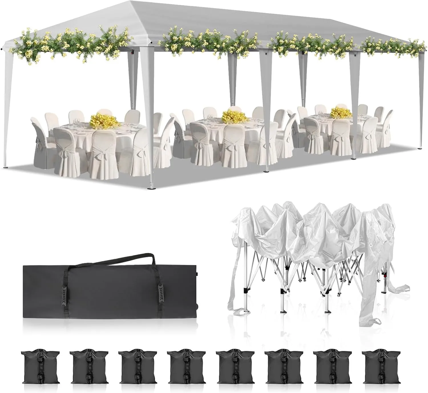 10x30ft Outdoor Pop Up Canopy, Portable Instant Canopy Tent with 8 Sand Bags & Roller Bag & Drainage Holes, Parties Gazebo Shelter for Outdoor Events Party Wedding Birthday Graduation, White
