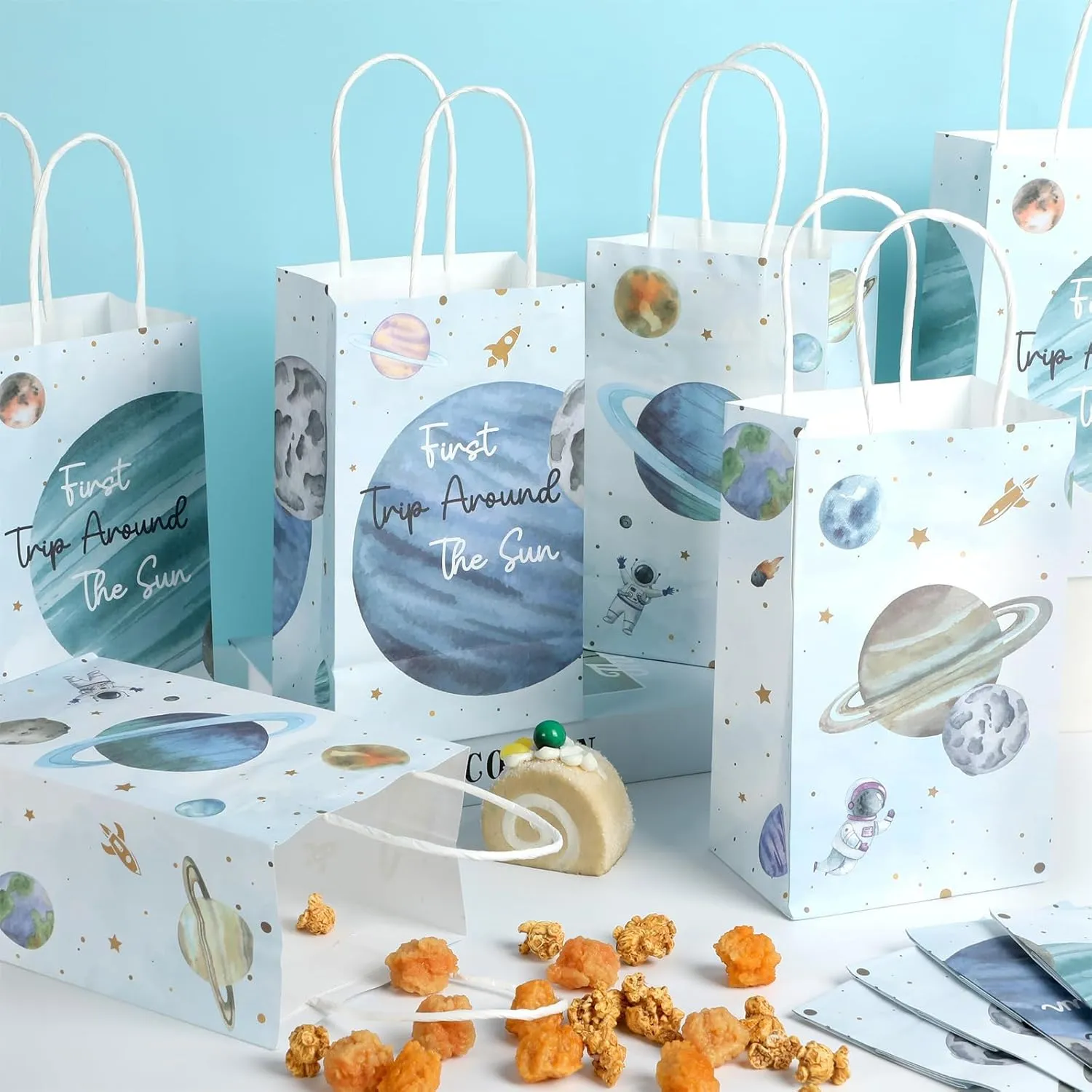 12Pcs First Trip Around The Sun Birthday Space Party Bags Planet Birthday Goodie Gift Candy Treat Bag Solar System Paper Bags for Kid Baby Shower 1st Outer Space Party Favors Decor 4.7*3.15*8inch