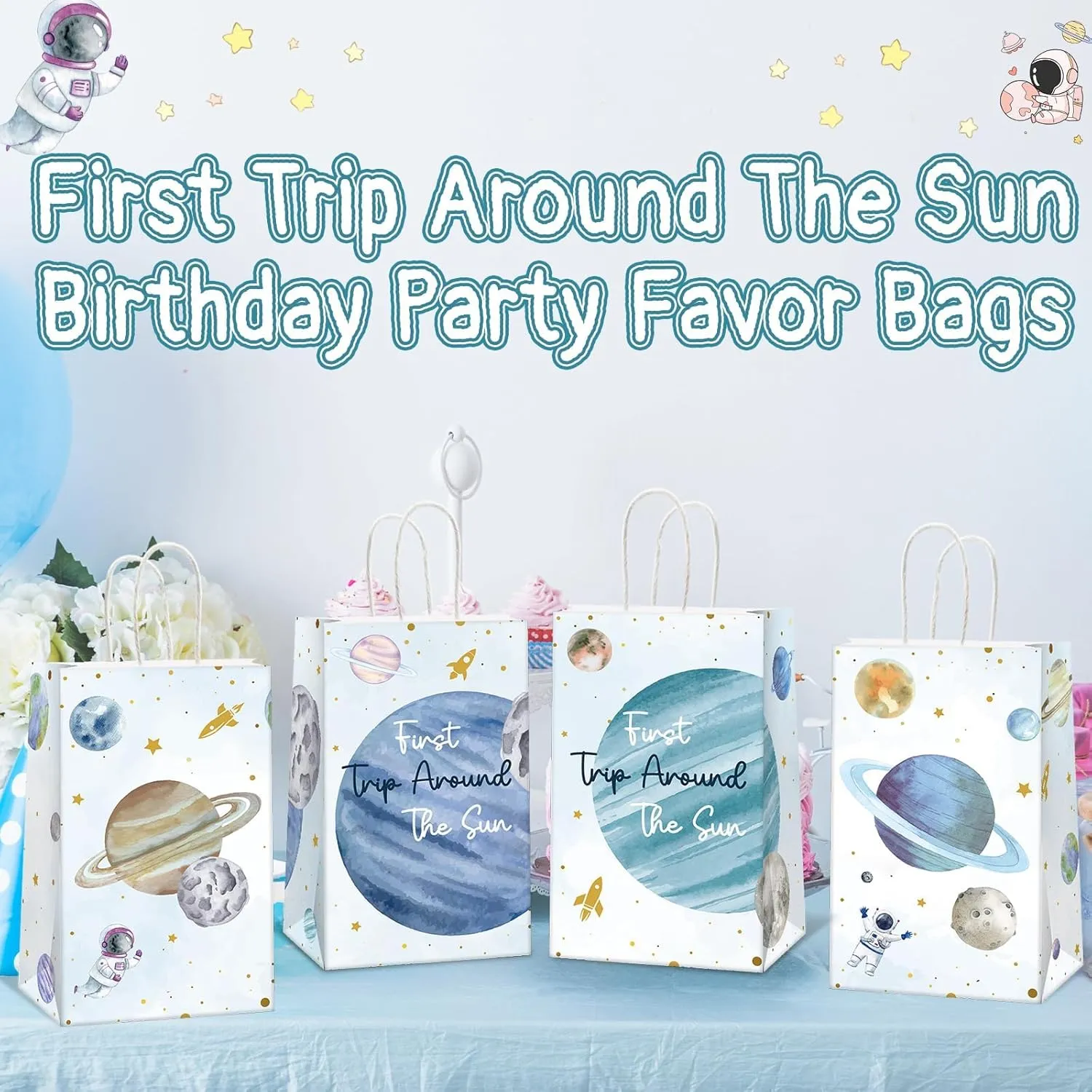 12Pcs First Trip Around The Sun Birthday Space Party Bags Planet Birthday Goodie Gift Candy Treat Bag Solar System Paper Bags for Kid Baby Shower 1st Outer Space Party Favors Decor 4.7*3.15*8inch