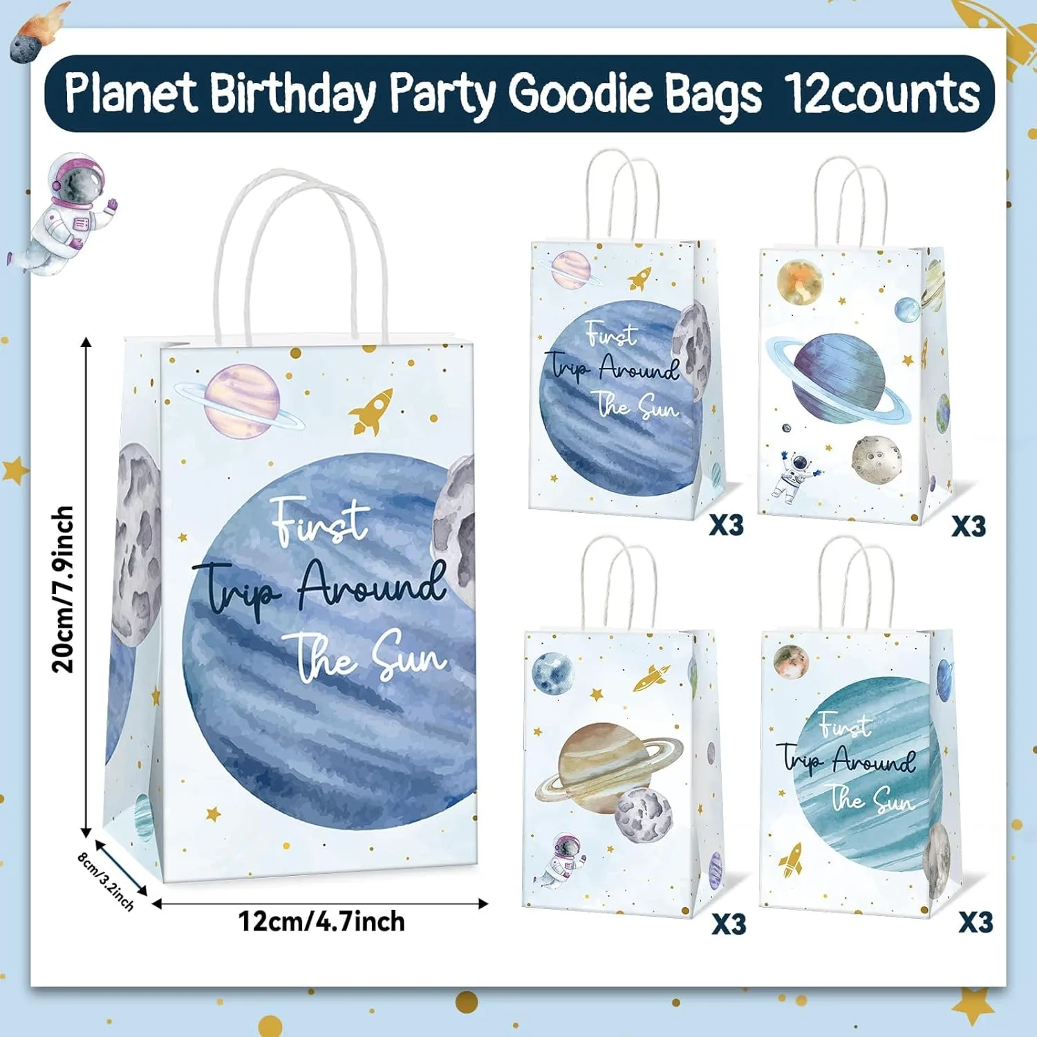 12Pcs First Trip Around The Sun Birthday Space Party Bags Planet Birthday Goodie Gift Candy Treat Bag Solar System Paper Bags for Kid Baby Shower 1st Outer Space Party Favors Decor 4.7*3.15*8inch