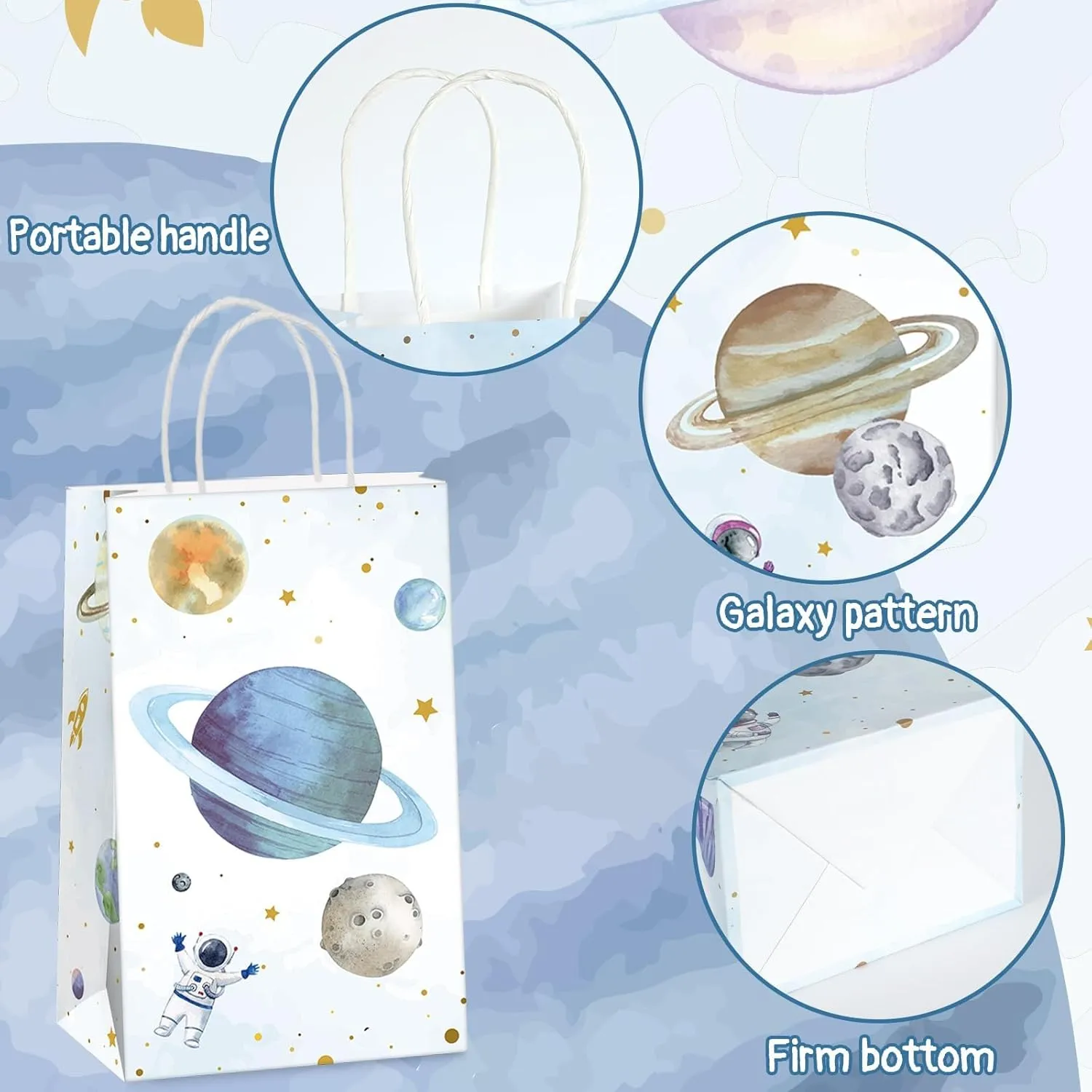 12Pcs First Trip Around The Sun Birthday Space Party Bags Planet Birthday Goodie Gift Candy Treat Bag Solar System Paper Bags for Kid Baby Shower 1st Outer Space Party Favors Decor 4.7*3.15*8inch