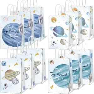 12Pcs First Trip Around The Sun Birthday Space Party Bags Planet Birthday Goodie Gift Candy Treat Bag Solar System Paper Bags for Kid Baby Shower 1st Outer Space Party Favors Decor 4.7*3.15*8inch