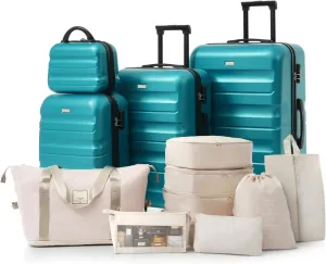 13-Piece Luggage Set with Spinner Wheels & Packing Cubes, Durable Lightweight ABS Hardshell Suitcases with Cosmetic Bags, Expandable Travel Luggage Set for Family,Blue