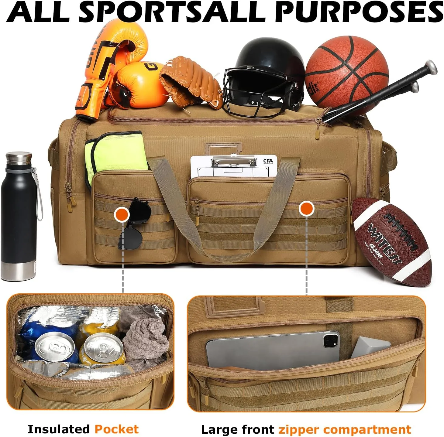 130L Hockey Bag Extra Large Heavy Duty Mens Sport Gym Equipment Duffle Bag for Football, Basketball, Team Coach, Travel (Brown)