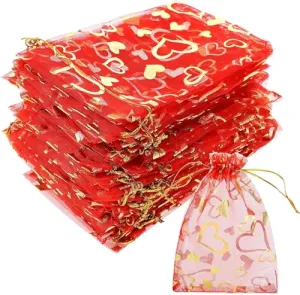 13x18 cms | 5x7 inch | Red Colour | Printed Return Gift Favors Organza Bags Shagun Potli Bags Wedding Party Favors Jewellery Packing Pouch Dry Fruit Pouch Sheer Plain Organza Candy Bags