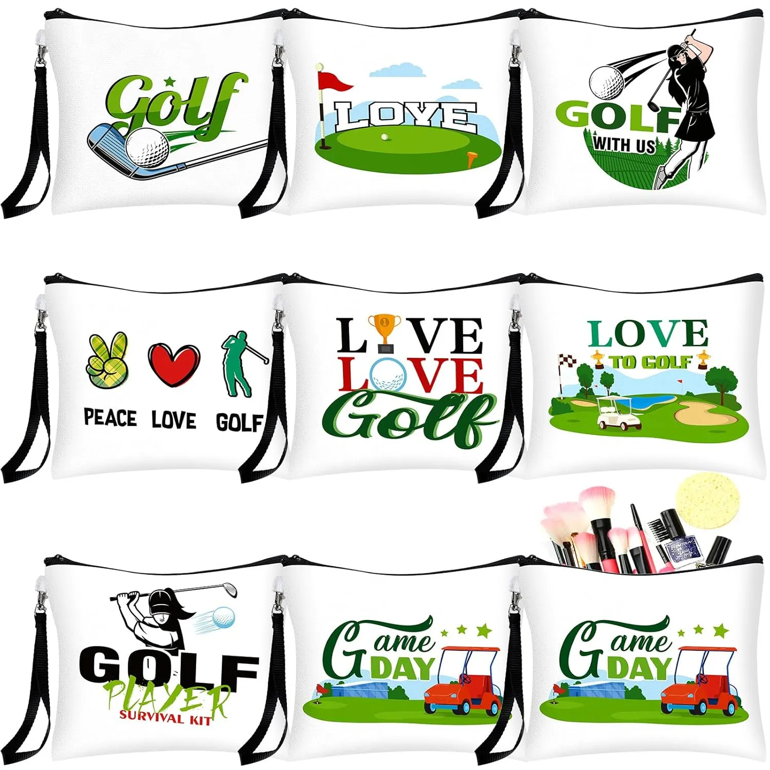 16pcs Golf Gifts for Women Cosmetic Bags Makeup Bag Golf Zipper Pouch Accessories Toiletry Organizer, 8 Style(Novelty)