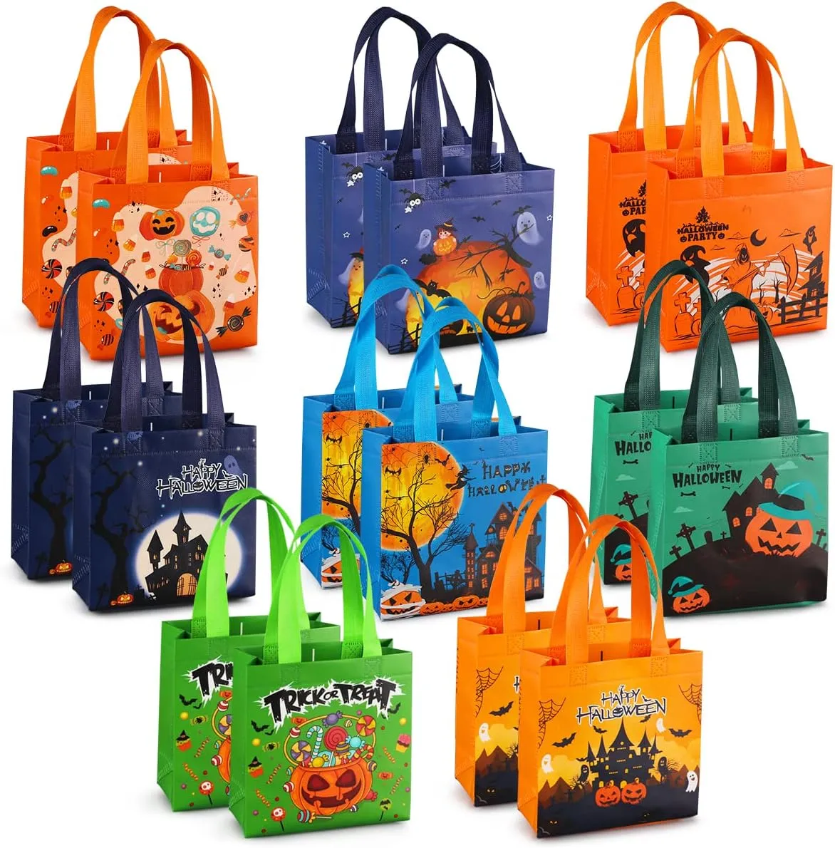 16PCS Trick or Treat Bags - Small Tote Bags With Handles for Halloween Party Supplies, Gift Wrapping - Multifunctional Non-Woven, 7.97.93.15"