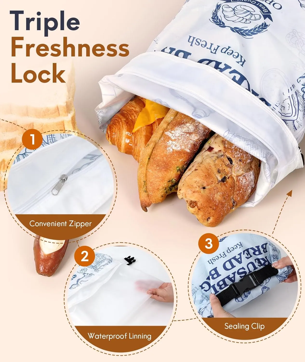 2 Pack Bread Bags for Homemade Bread, Reusable Sourdough Bags for Fresh Keeping with Lining & Zipper, Freezer Safe & BPA Free, for Gift Giving, White & Blue