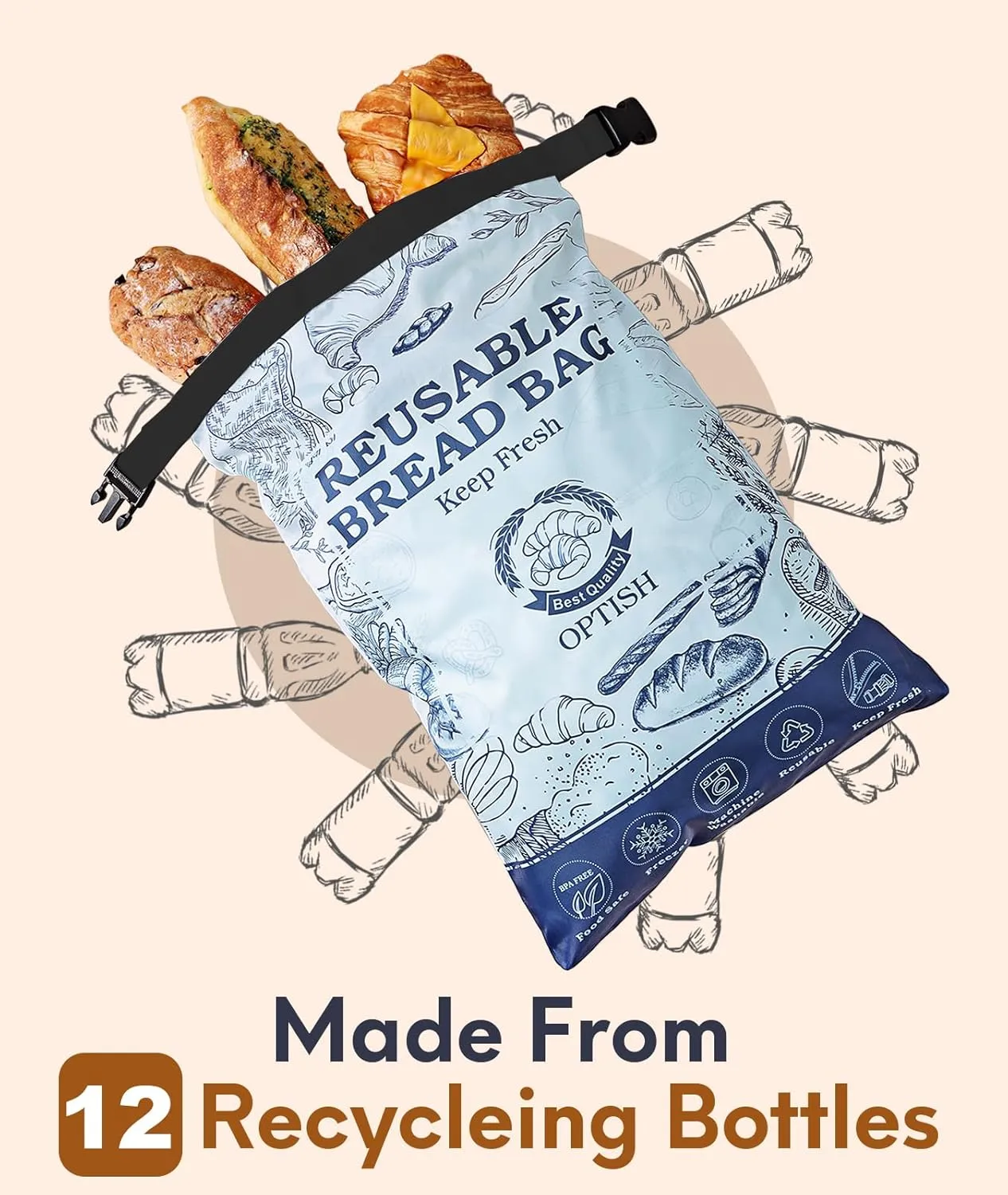 2 Pack Bread Bags for Homemade Bread, Reusable Sourdough Bags for Fresh Keeping with Lining & Zipper, Freezer Safe & BPA Free, for Gift Giving, White & Blue