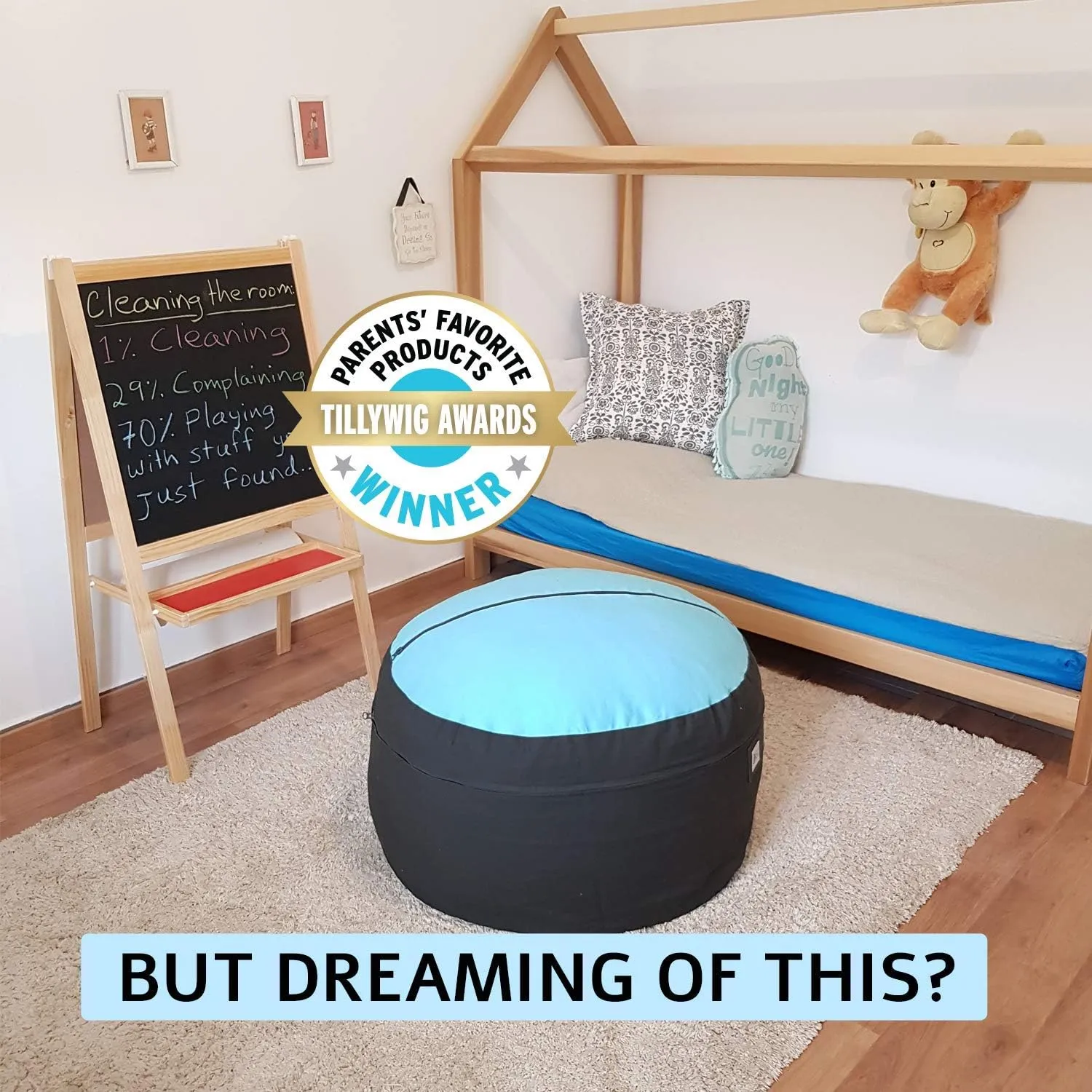 2 Sizes in 1 Stuffed Animal Storage Bean Bag Chair Cover for Kids & Adults | Washable XL Stuffie Seat | 100% Cotton | Pouf Organizer for Plush Toys, Linens, Quilts & Pillows | Blue Skies