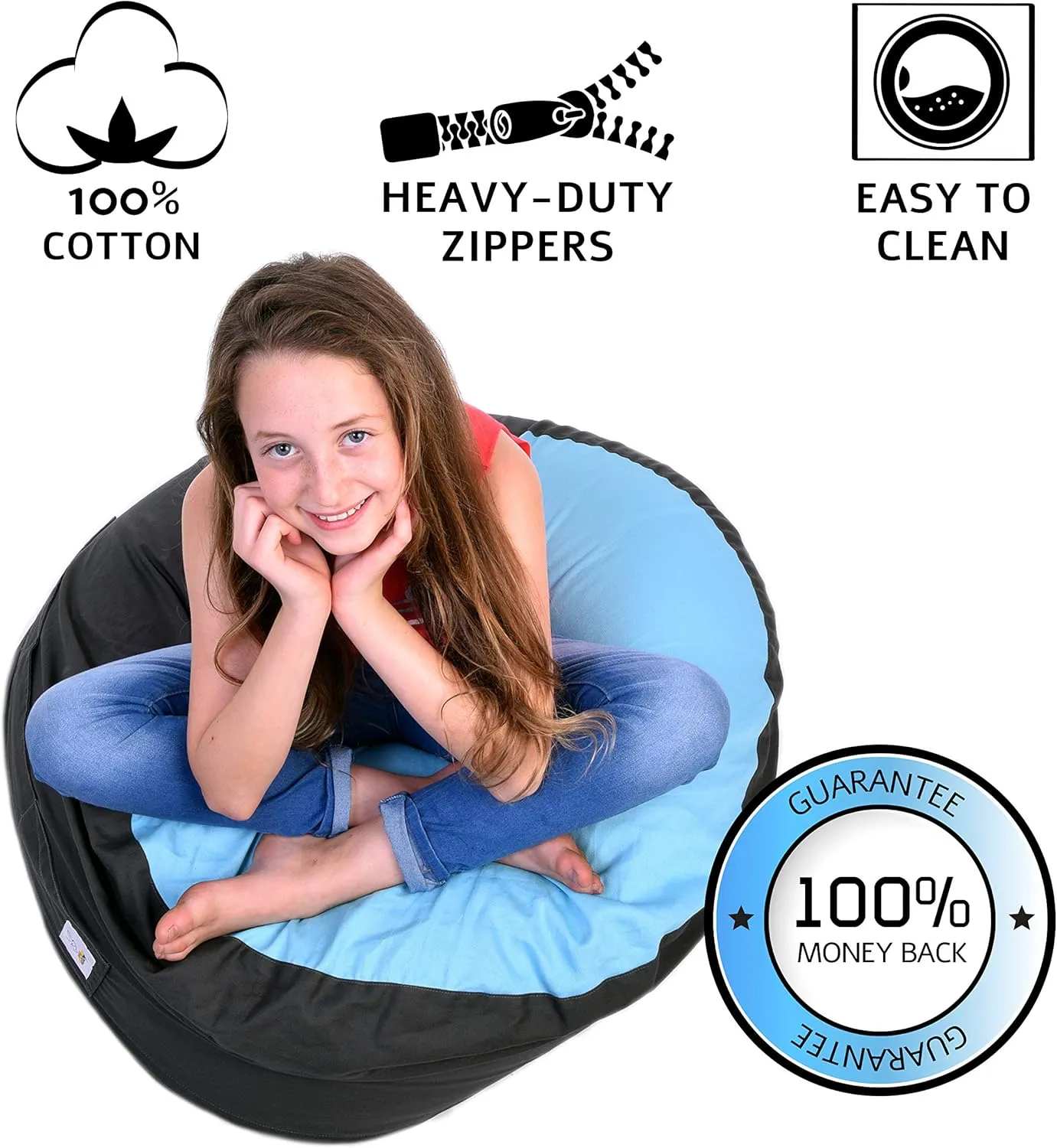 2 Sizes in 1 Stuffed Animal Storage Bean Bag Chair Cover for Kids & Adults | Washable XL Stuffie Seat | 100% Cotton | Pouf Organizer for Plush Toys, Linens, Quilts & Pillows | Blue Skies