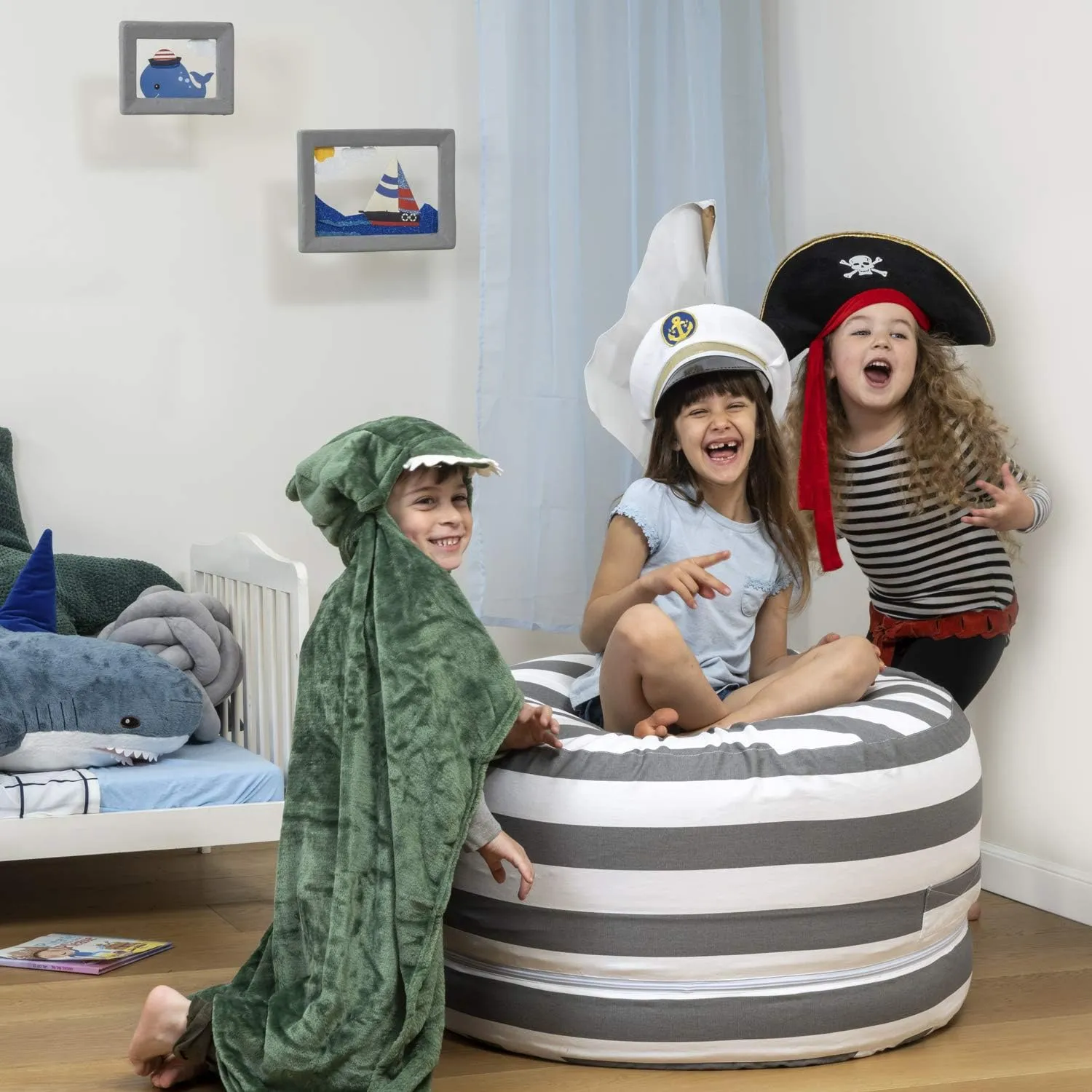 2 Sizes in 1 Stuffed Animal Storage Bean Bag Chair Cover for Kids & Adults | Washable XL Stuffie Seat | 100% Cotton | Pouf Organizer for Plush Toys, Linens, Quilts & Pillows | Royal Grey