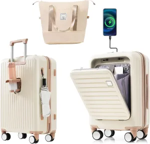 20-Inch Carry-on Luggage, Travel Bag Set, ABS Hard Shell Two-piece suitcase set with USB Port, Cup Holder, carry on luggage expandable,Airline Approved Carry On Hardside Suitcase,Lvory white
