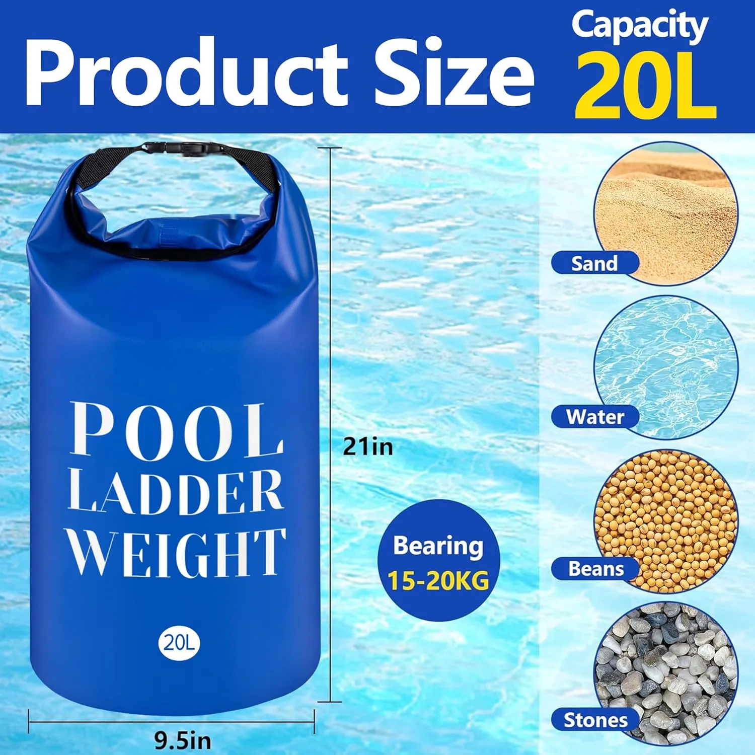 20L 500D PVC Swimming Pool Ladder Weights- 2 Pcs Waterproof Pool Step Weight Sand Bags- Fillable Pool Stair Weight Anchor Bag with Heavy-Duty Handle for Pool Steps