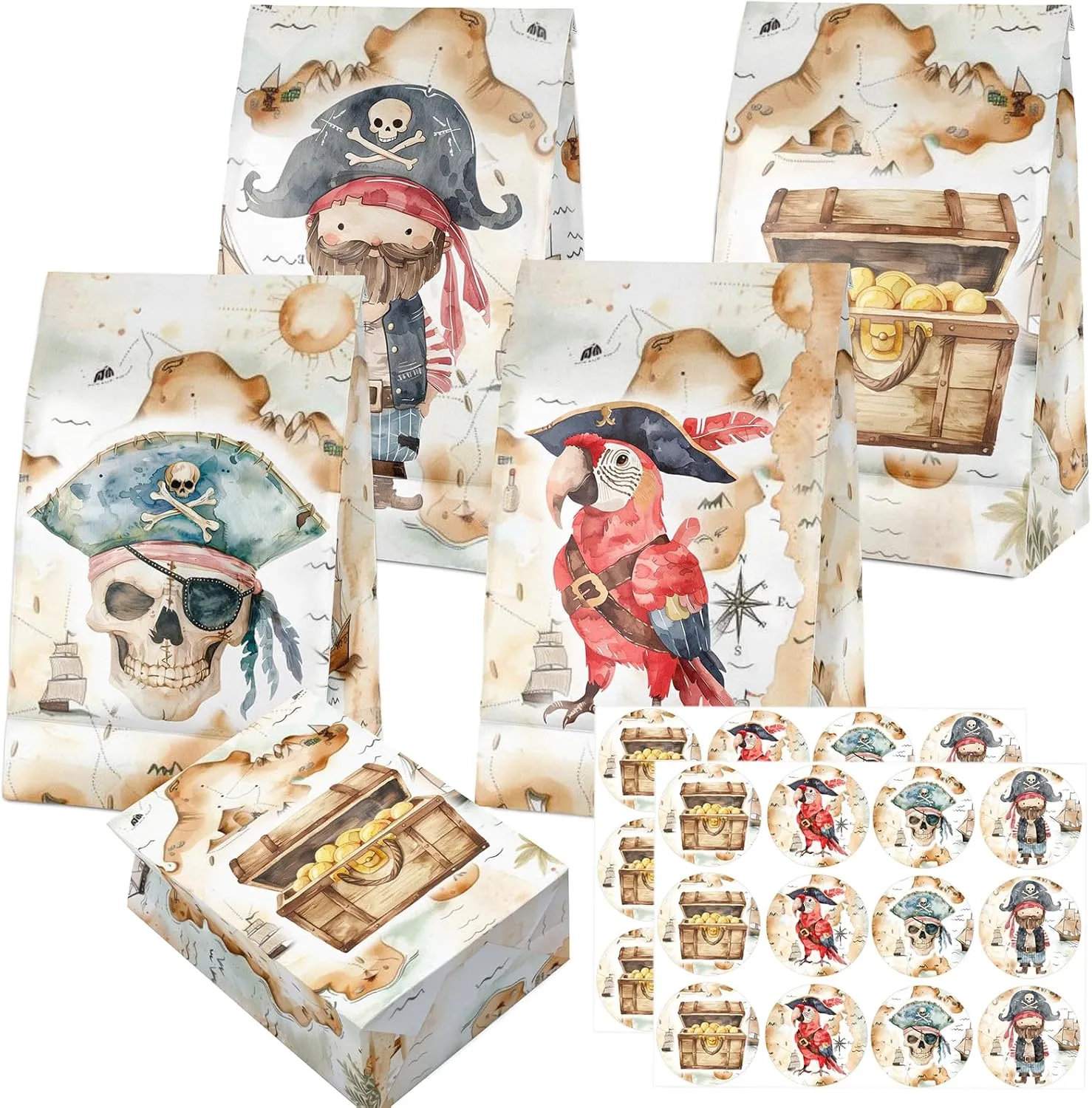 24 Pcs Pirate Goodie Bags with Stickers - Pirate Themed Birthday Party Favor Bags, Perfect for Kids' Pirate Party Supplies and Treat Bags