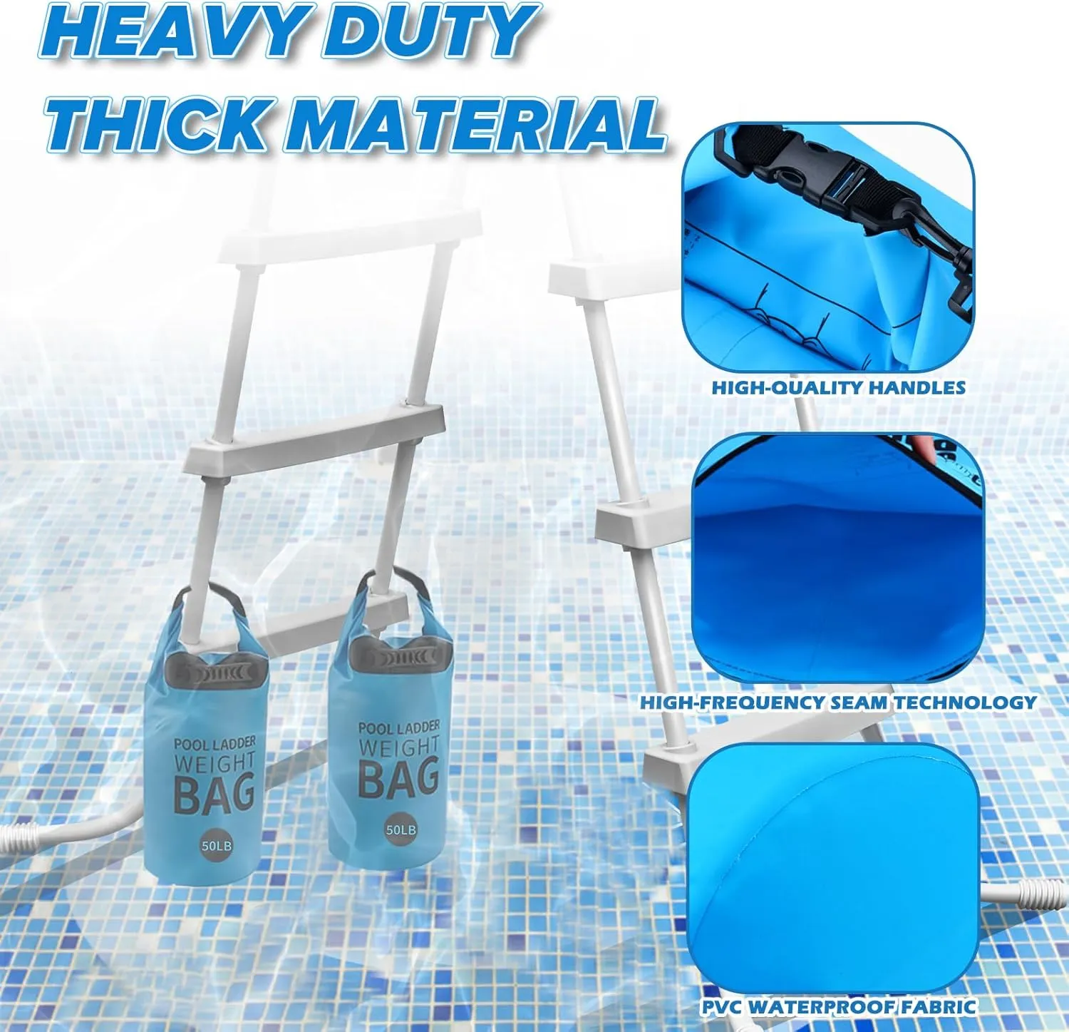 2Pcs Pool Ladder Weights, 50lbs Sand Fillable Universal Pool Step Weights, 500D PVC Waterproof Pool Sand Bags Step Anchors for Above Ground and Inside Pools Stair Entry Systems (50lbs)