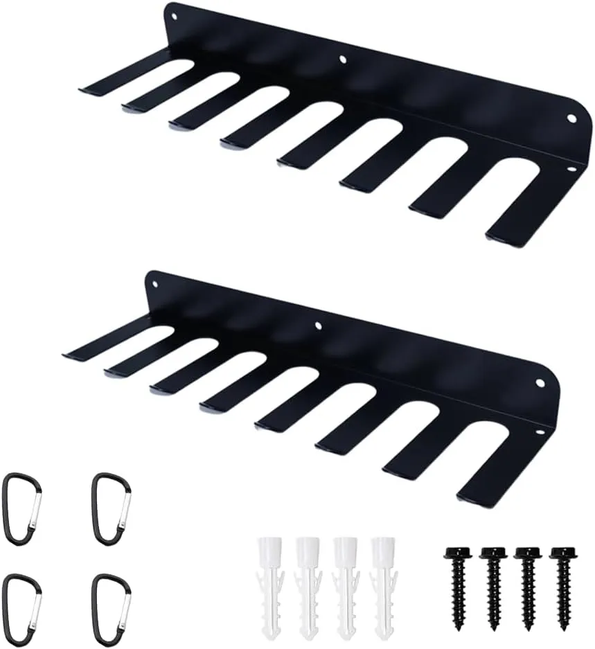 2PCS Wall Mounted Baseball Bat Holder,Hold 14 Baseball Bats, Bat Holder for Dugout Fence，Heavy Duty Hooks for Hanging Gloves, Hats, Bags, Balls, High Carbon Steel，Black Powder Coated.