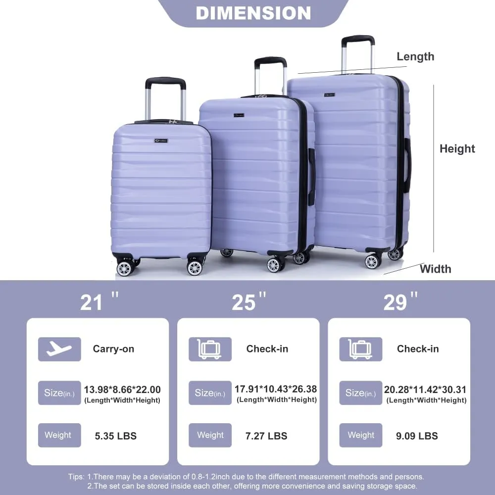 3-Piece Expandable Luggage Set (21"/25"/29") - PC Lightweight Hardshell Suitcases with Lock, Double Spinner Wheels & 2 Utility Hooks - Sand Color Carry-On & Checked Luggage (Light Purple   PC)