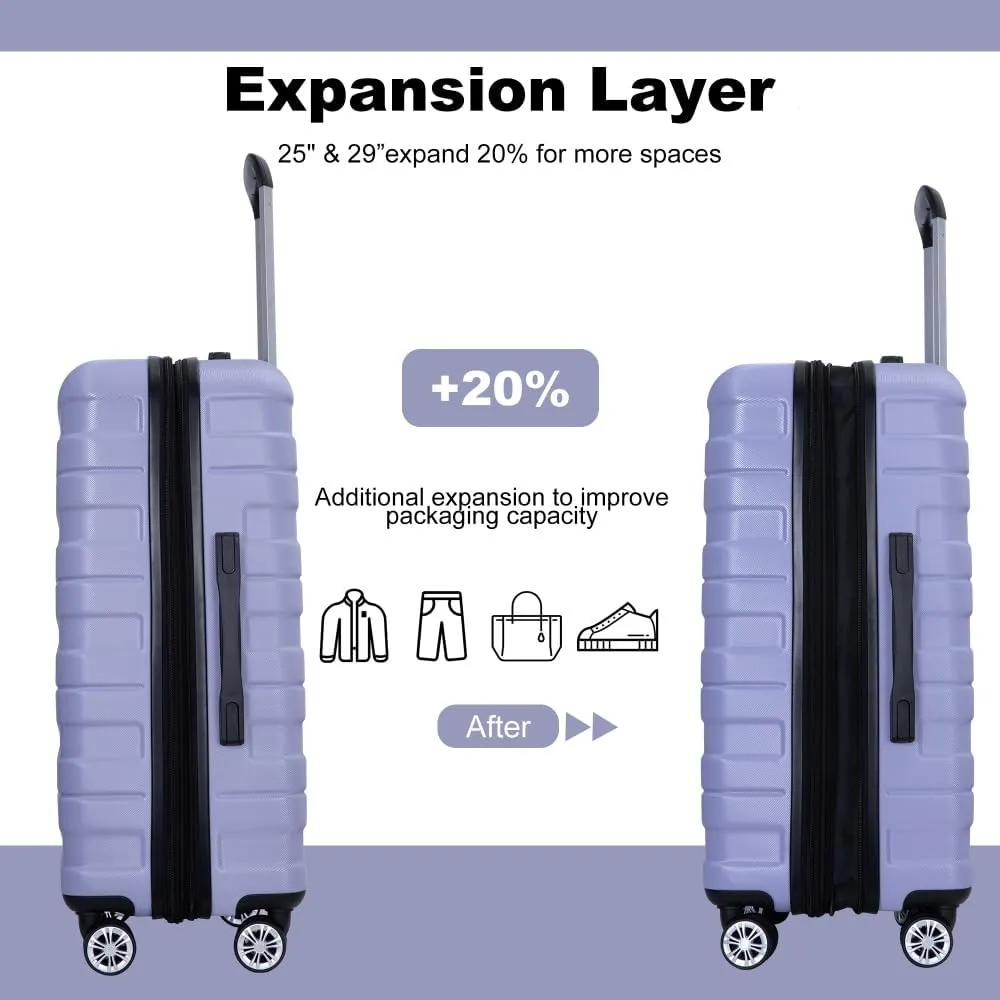3-Piece Expandable Luggage Set (21"/25"/29") - PC Lightweight Hardshell Suitcases with Lock, Double Spinner Wheels & 2 Utility Hooks - Sand Color Carry-On & Checked Luggage (Light Purple   PC)