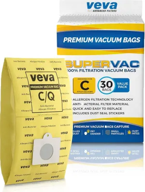 30 Pack VEVA Premium SuperVac Vacuum Bags Type C compatible with Kenmore Sears canister vacuum cleaners replacement Style C, Q, C/Q, CQ, 5055, 50557, 50558, 50104 bags; Elite and Progressive models