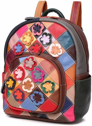 3D Colorful Flowers Backpack for Women Multi-colored Genuine Leather Daypack Color Spliced Drawstring Shoulder Purses (Multicoloured Flowers 3)