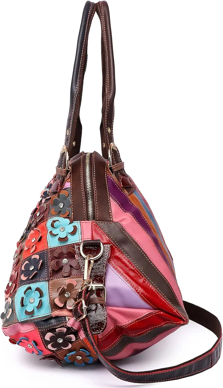 3D Flower Colorful Patchwork Hobo Purse Leather Handbag Colorful Designer Shoulder Bag Travel Work Crossbody Satchels
