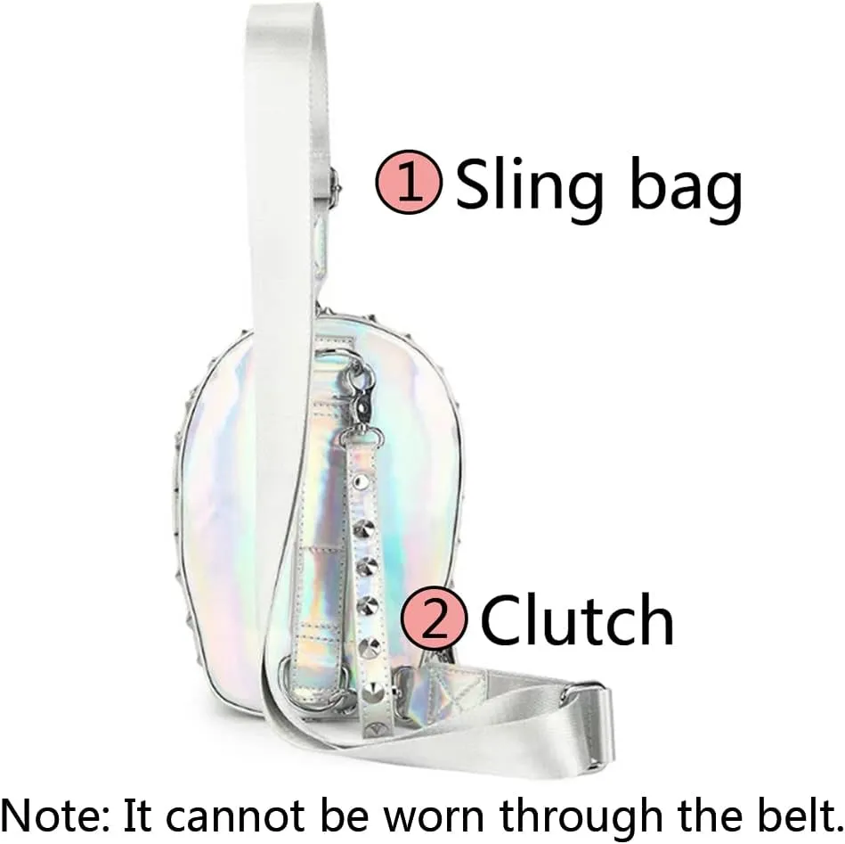 3D Skull Purse Crossbody Sling Bags Wristlet-handbags for Women Rivet Punk Gothic Chest Bag Medium Silvery