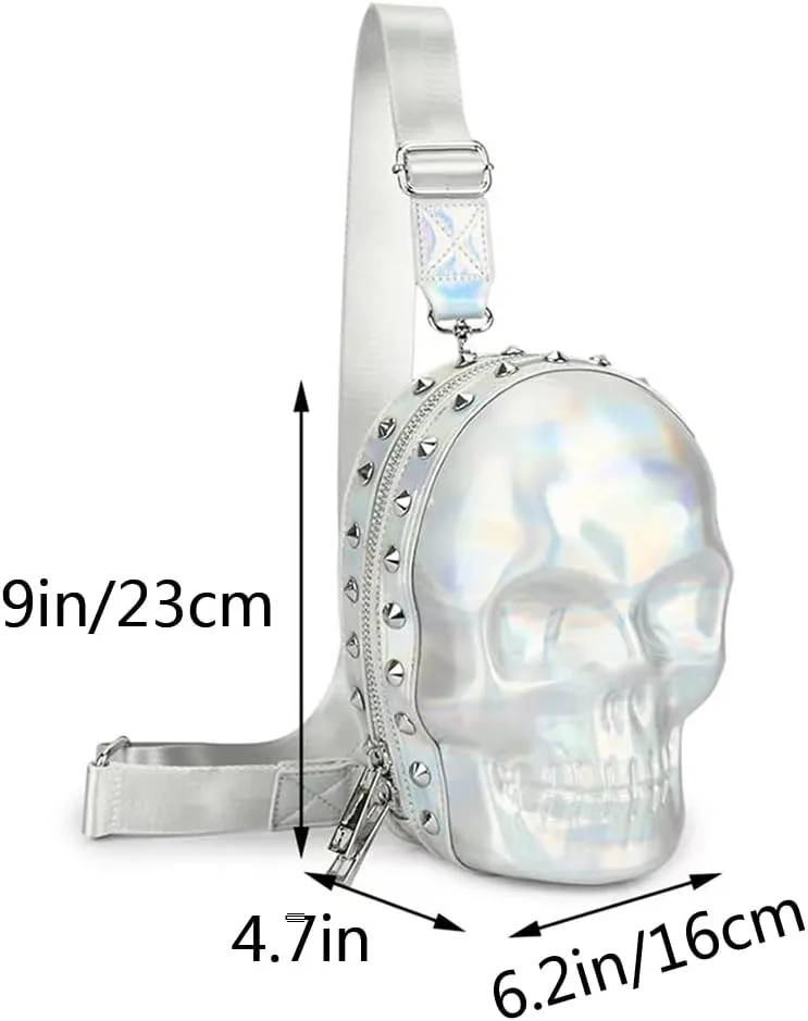 3D Skull Purse Crossbody Sling Bags Wristlet-handbags for Women Rivet Punk Gothic Chest Bag Medium Silvery