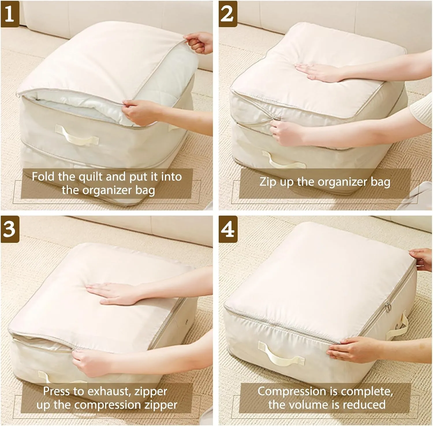 4 Pack Ultra Space Saving Self Compression Organizer Comforter Storage Bag with Zipper Washable Compression Storage Bags with 4 Labels for Bedding Clothes Blankets Pillows Duvet Comforters - L Beige