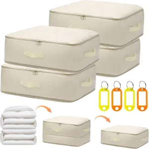 4 Pack Ultra Space Saving Self Compression Organizer Comforter Storage Bag with Zipper Washable Compression Storage Bags with 4 Labels for Bedding Clothes Blankets Pillows Duvet Comforters - L Beige
