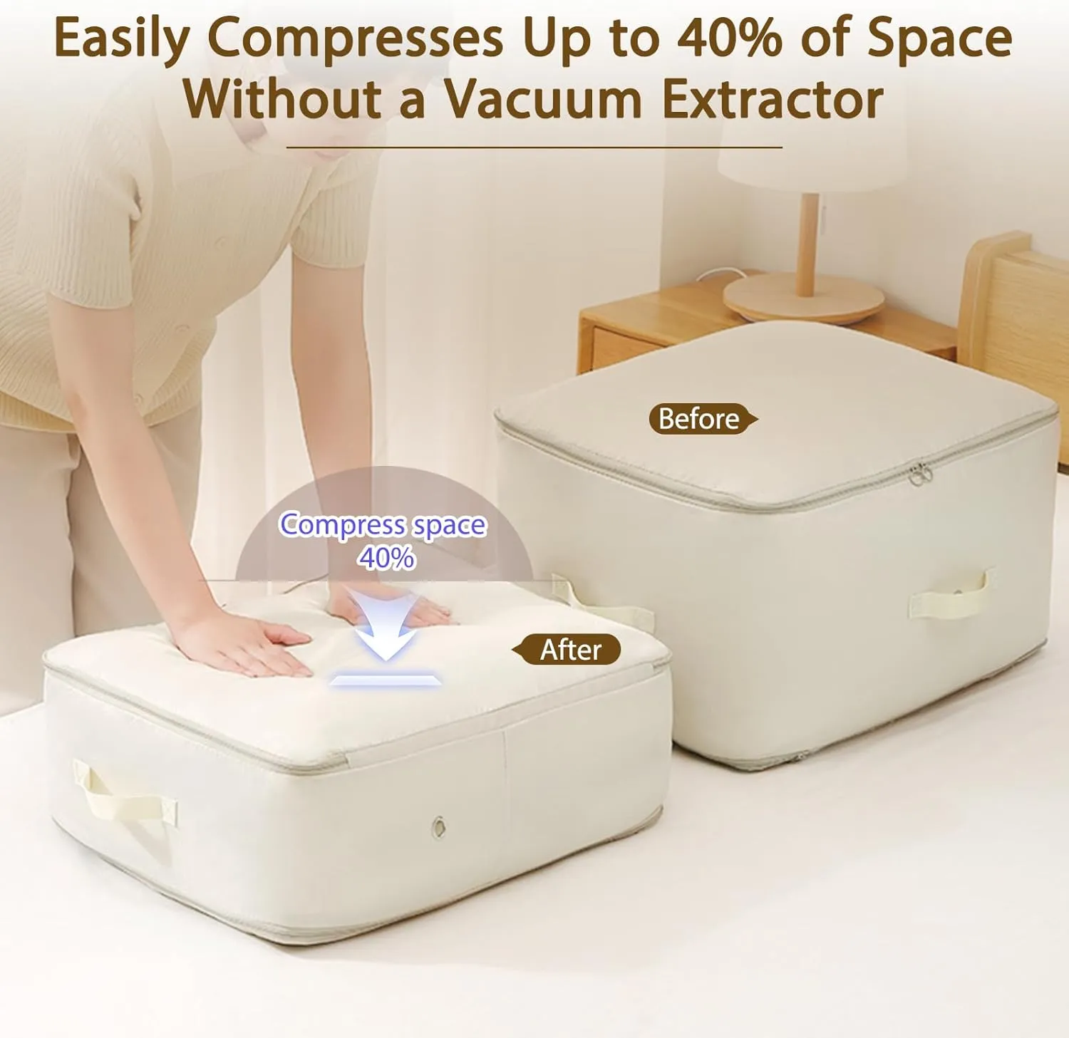 4 Pack Ultra Space Saving Self Compression Organizer Comforter Storage Bag with Zipper Washable Compression Storage Bags with 4 Labels for Bedding Clothes Blankets Pillows Duvet Comforters - L Beige