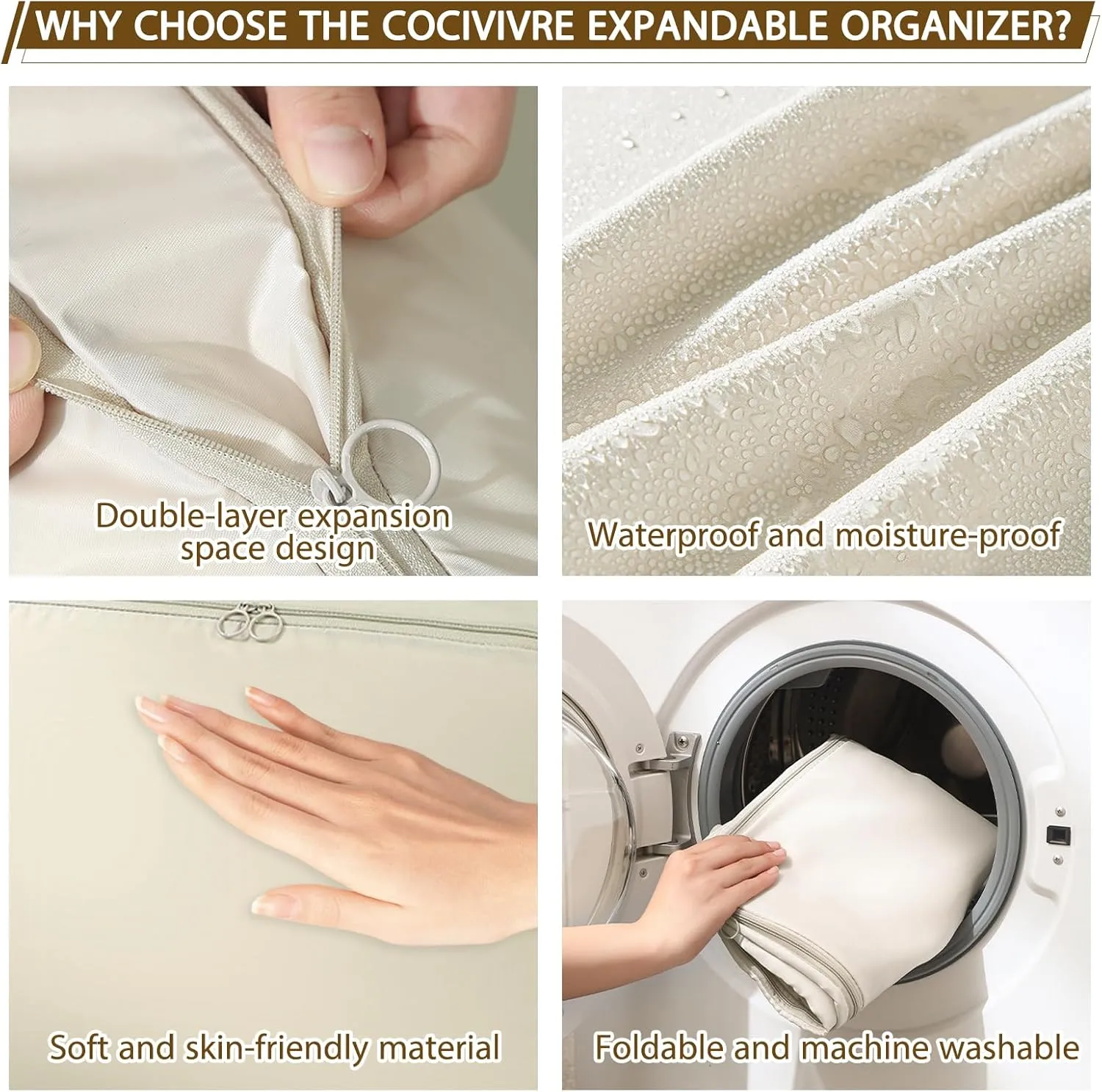 4 Pack Ultra Space Saving Self Compression Organizer Comforter Storage Bag with Zipper Washable Compression Storage Bags with 4 Labels for Bedding Clothes Blankets Pillows Duvet Comforters - L Beige