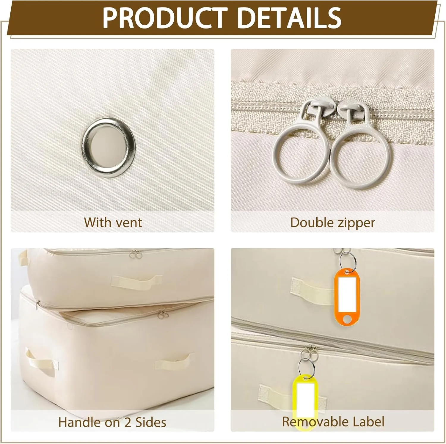 4 Pack Ultra Space Saving Self Compression Organizer Comforter Storage Bag with Zipper Washable Compression Storage Bags with 4 Labels for Bedding Clothes Blankets Pillows Duvet Comforters - L Beige