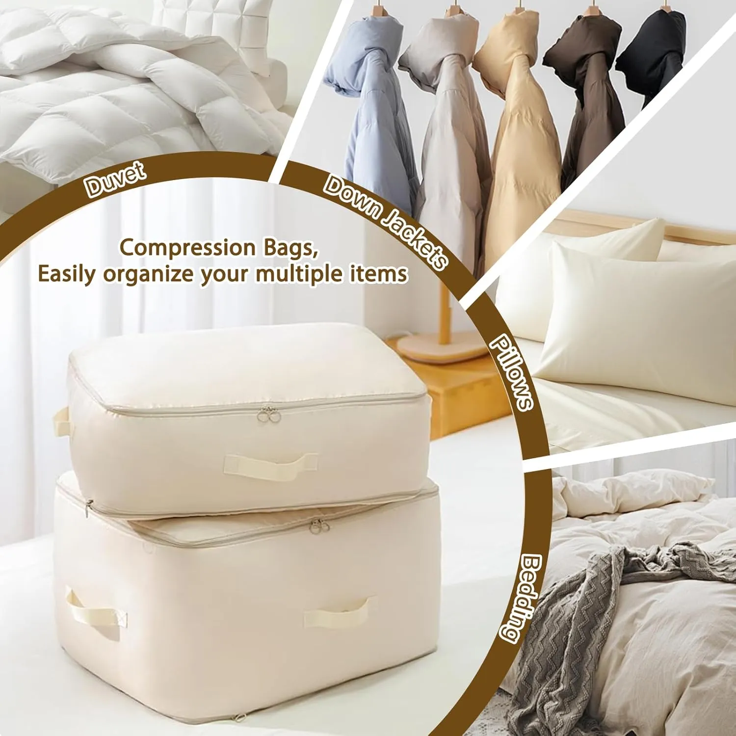 4 Pack Ultra Space Saving Self Compression Organizer Comforter Storage Bag with Zipper Washable Compression Storage Bags with 4 Labels for Bedding Clothes Blankets Pillows Duvet Comforters - L Beige