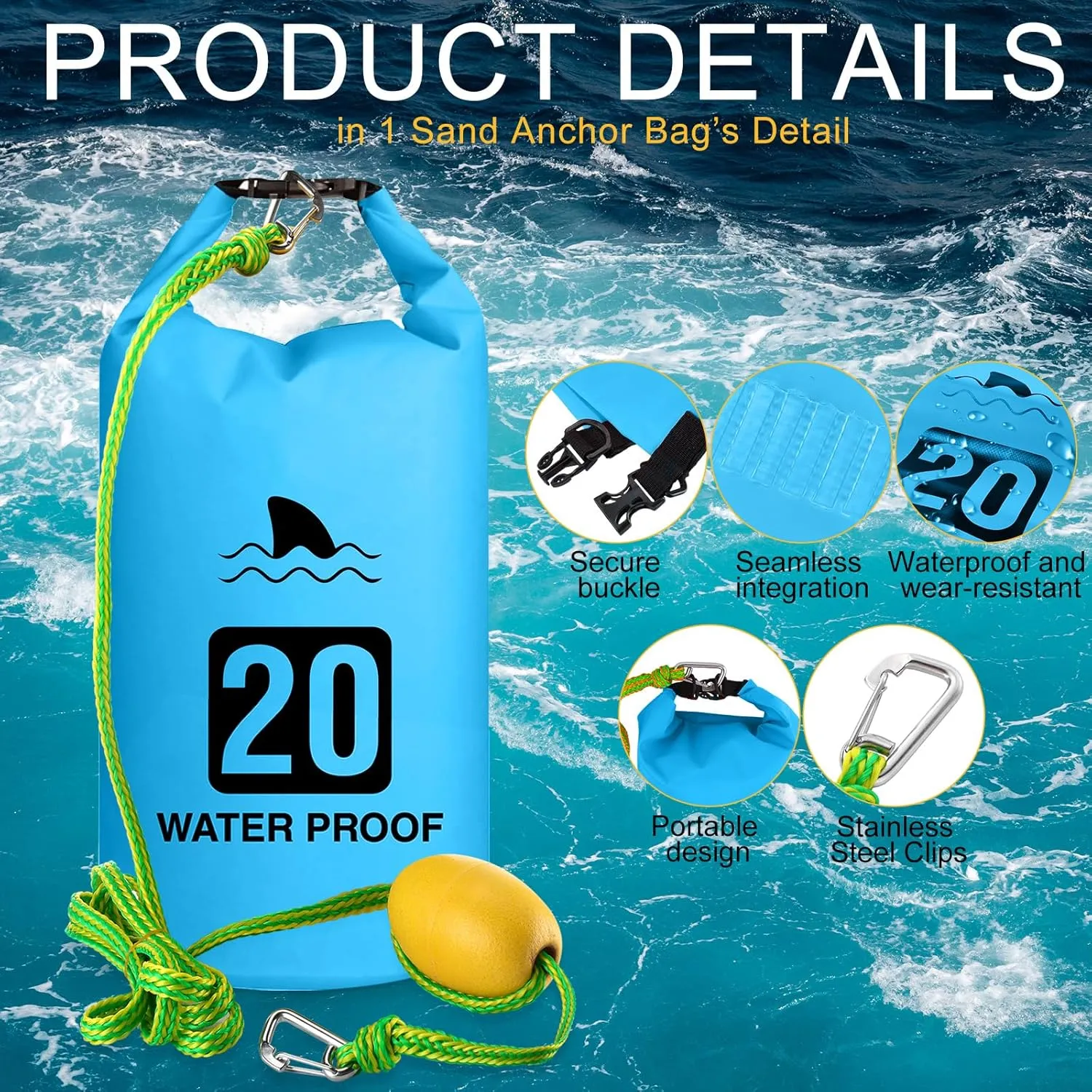 4 Set 2 in 1 Sand Anchor and Buoy Kit Floating Bag Kayak Anchor Waterproof Dry Bag for Lake Beach Boats Watercrafts Hiking Camping Water Sports Surfing Tubing Kayaking(Blue)