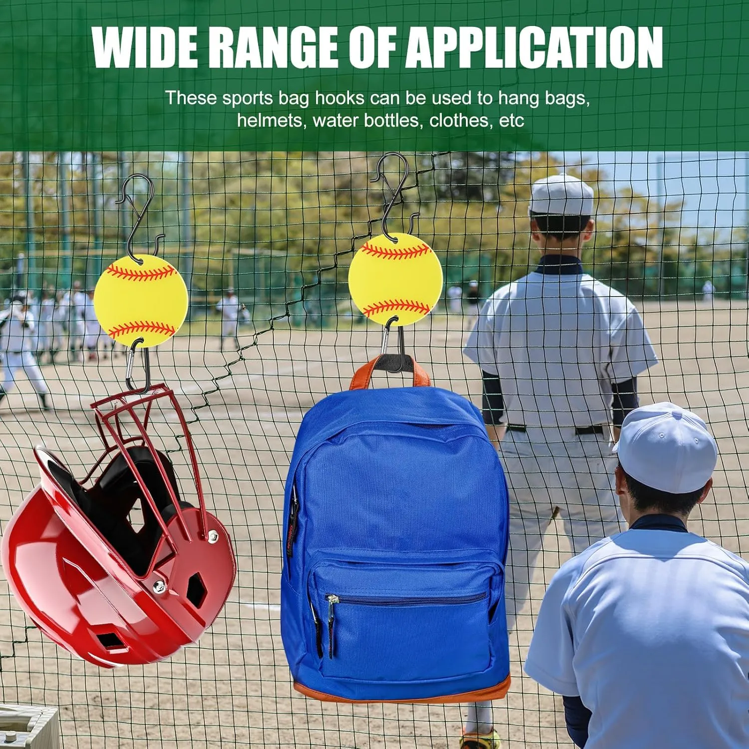 6 Pcs Bag Hook for Fence, Sports Fence Hook, Bag Clip for Fence, Metal Backpack Hooks with Acrylic Board, Fence Hooks for Bat Bag Water Bottle Lover Player Gifts (Softball)