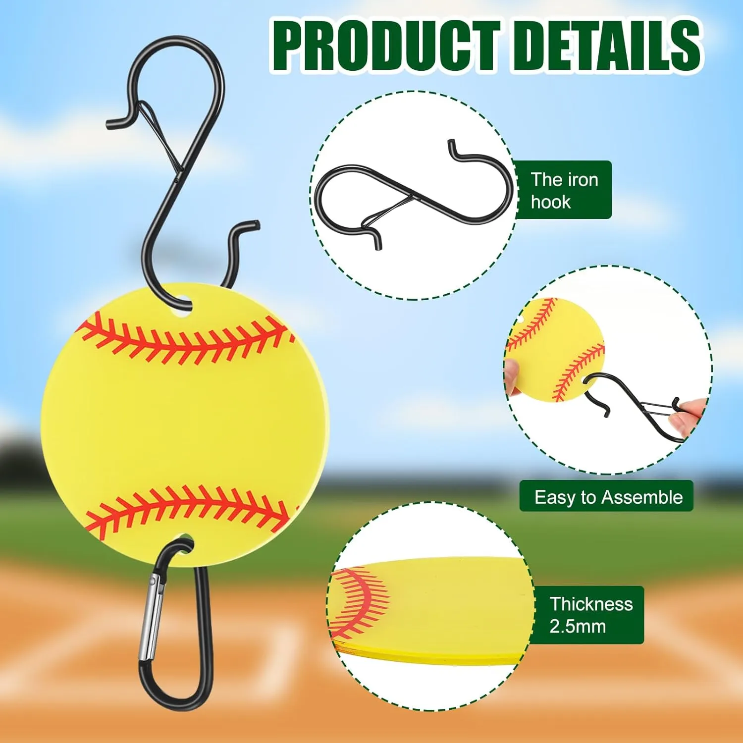 6 Pcs Bag Hook for Fence, Sports Fence Hook, Bag Clip for Fence, Metal Backpack Hooks with Acrylic Board, Fence Hooks for Bat Bag Water Bottle Lover Player Gifts (Softball)
