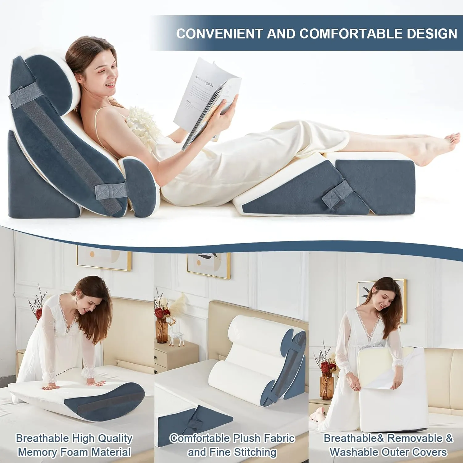 6pcs Orthopedic Bed Wedge Pillow Set, Memory Foam Wedge Pillow for Sleeping, Knee, Lumbar and Back Pain Relief Adjustable Bed Pillow - Acid Reflux, Anti Snoring & GERD Sleeping, Grey