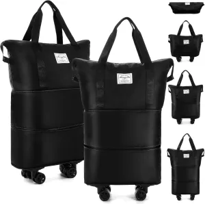 Abbylike 2 Pcs Rolling Duffle Bag with Wheels Carry on Large Duffel Bag Foldable Travel Expandable Luggage Tote Suitcase,Black