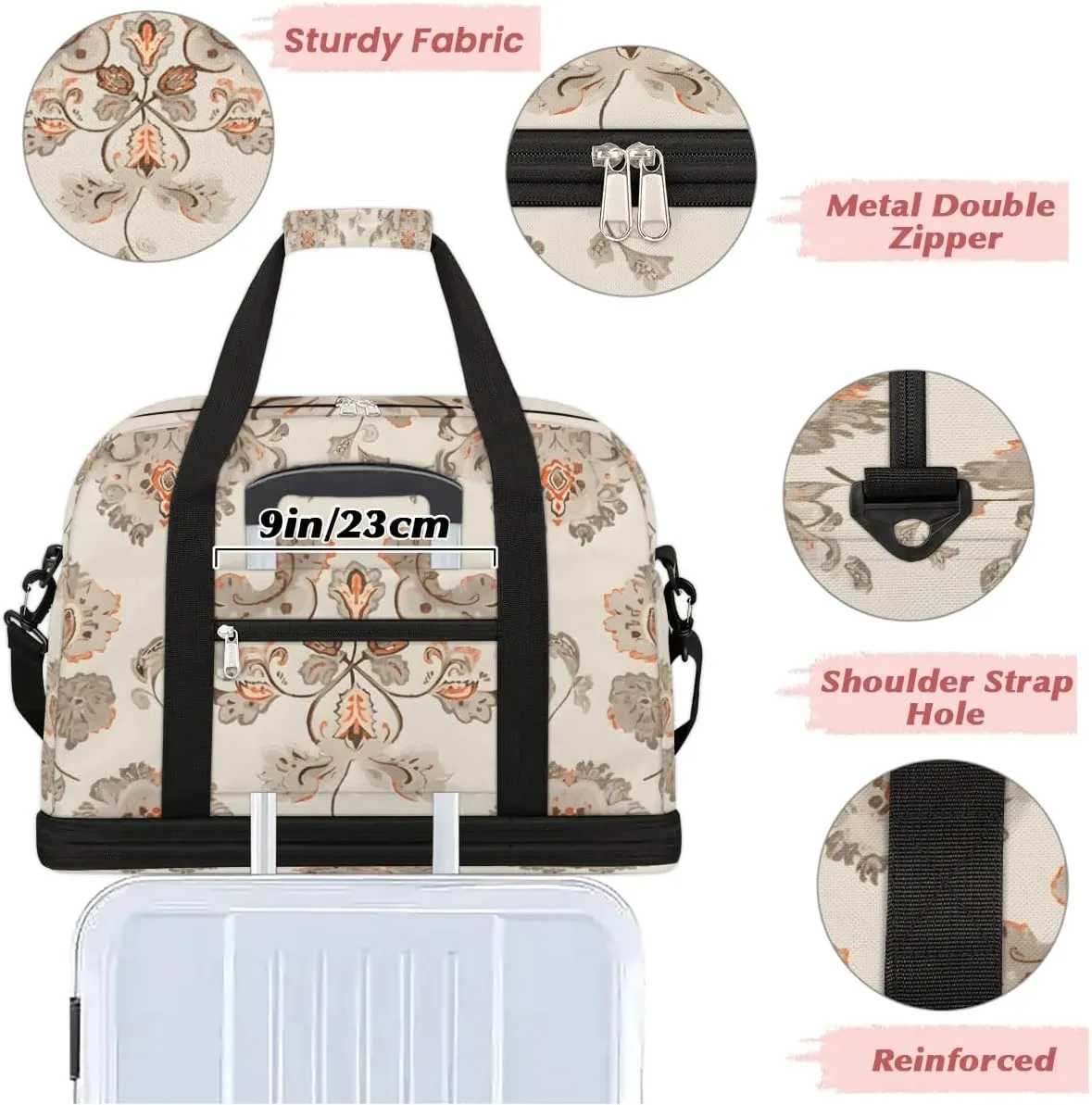 Abstract Print Boho Flora Travel Duffle Bag, Collapsible Travel Bag Sports Gym Bag With Shoes Compartment Weekender Bag Overnight Bag For Women Men