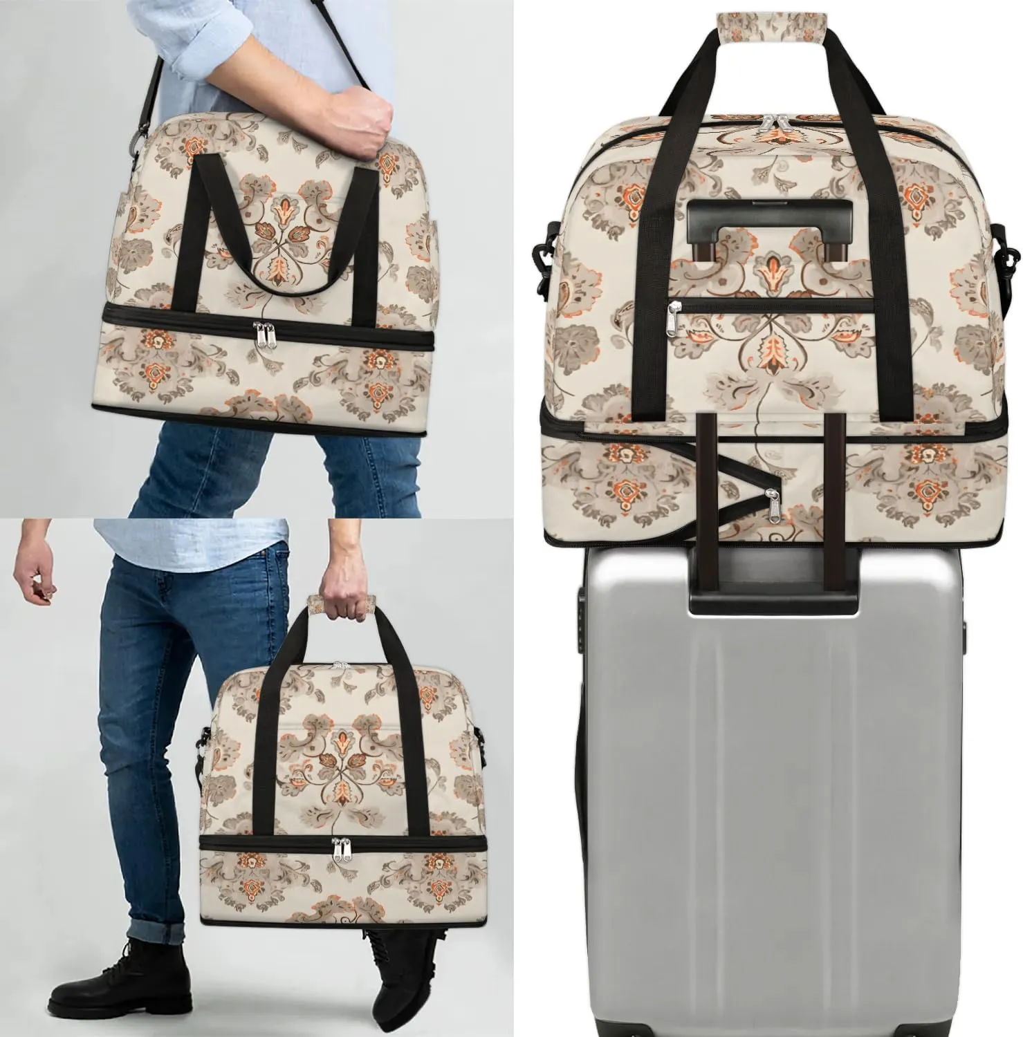 Abstract Print Boho Flora Travel Duffle Bag, Collapsible Travel Bag Sports Gym Bag With Shoes Compartment Weekender Bag Overnight Bag For Women Men