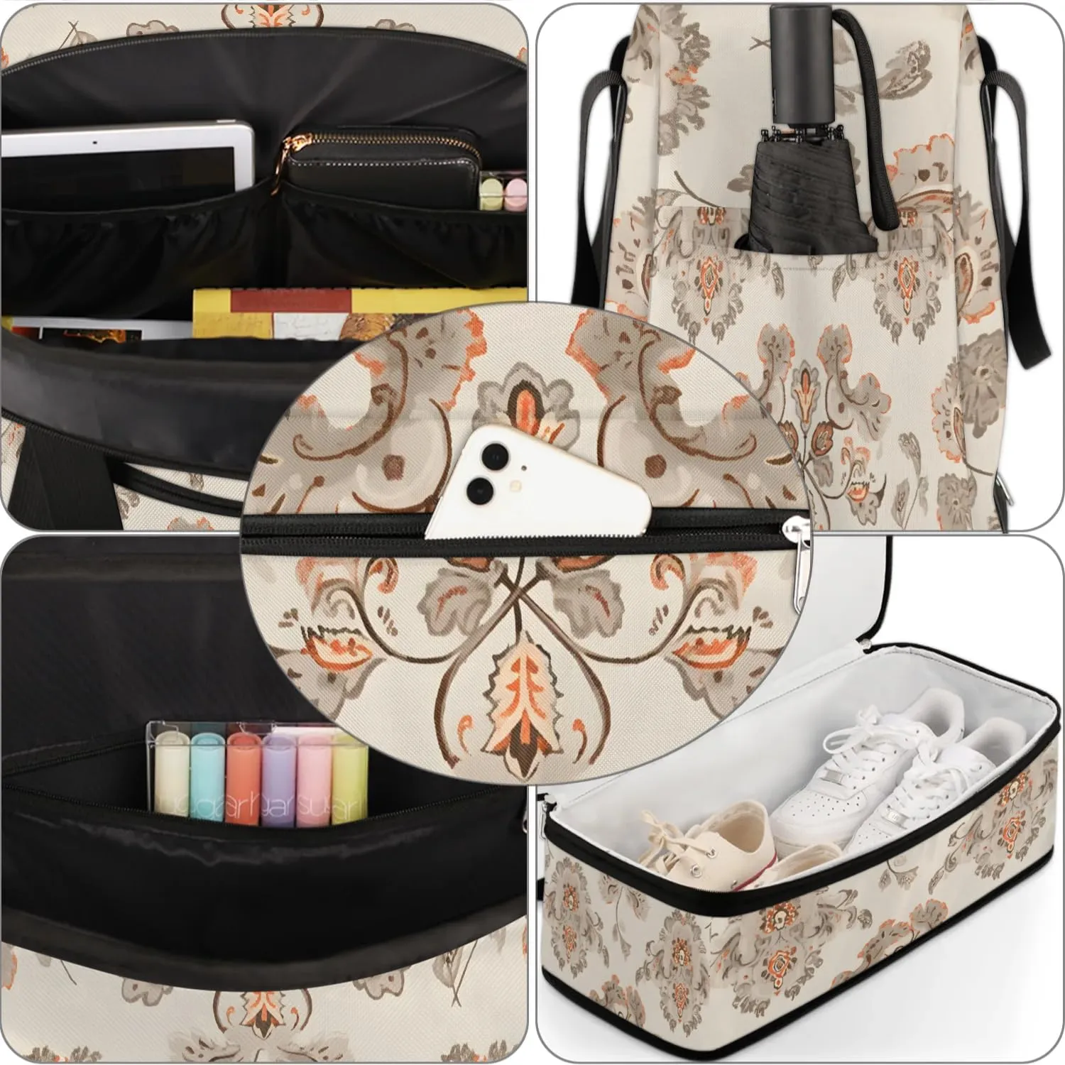 Abstract Print Boho Flora Travel Duffle Bag, Collapsible Travel Bag Sports Gym Bag With Shoes Compartment Weekender Bag Overnight Bag For Women Men