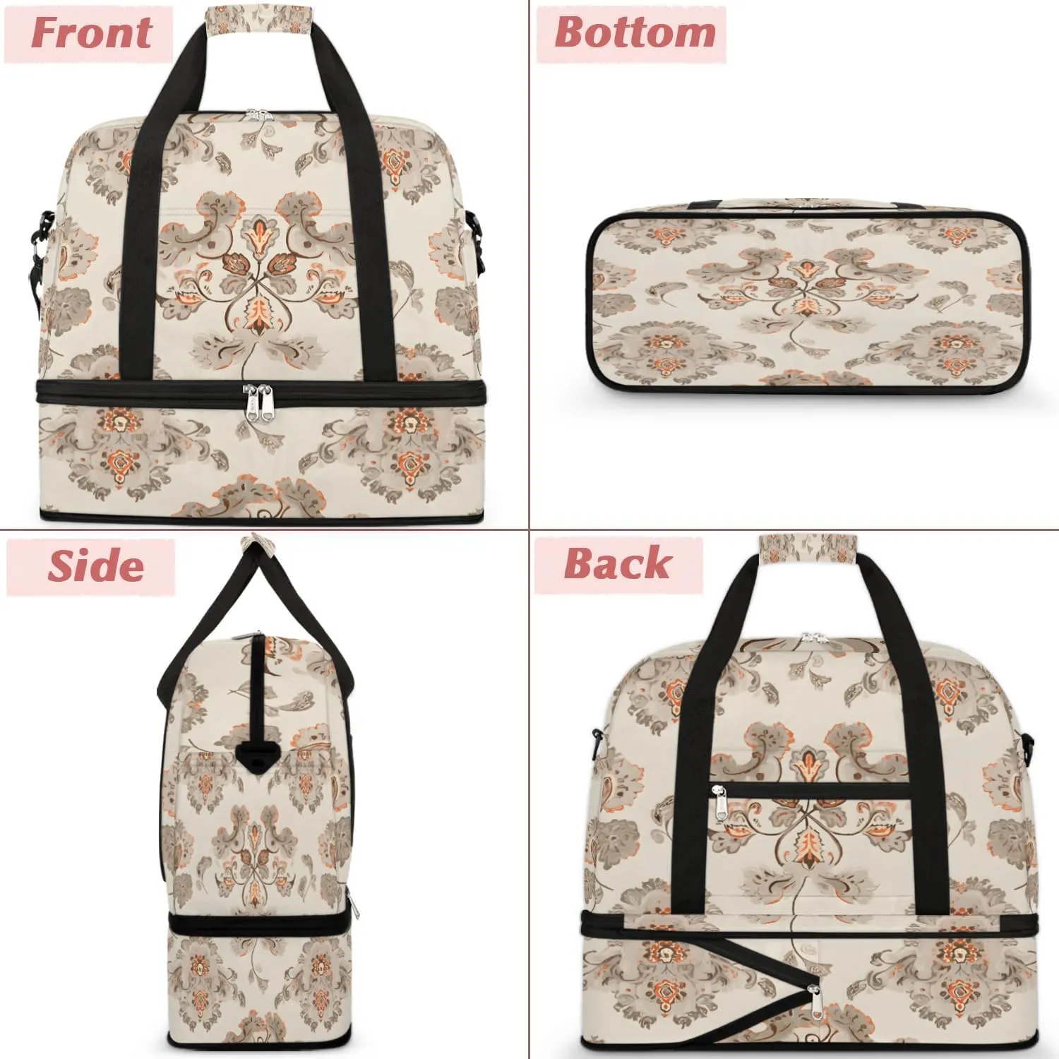 Abstract Print Boho Flora Travel Duffle Bag, Collapsible Travel Bag Sports Gym Bag With Shoes Compartment Weekender Bag Overnight Bag For Women Men