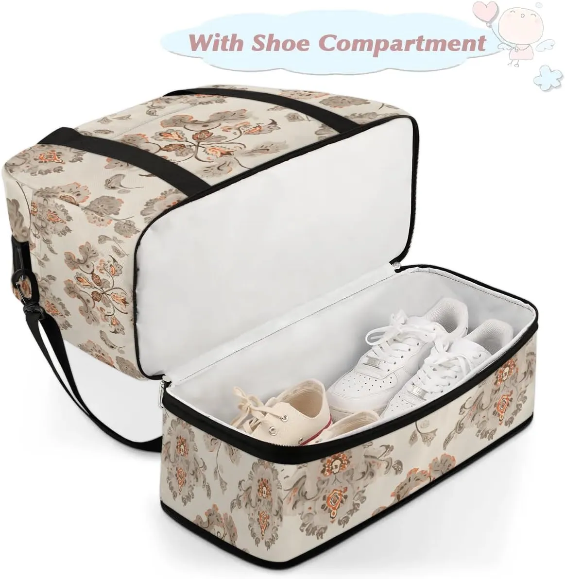 Abstract Print Boho Flora Travel Duffle Bag, Collapsible Travel Bag Sports Gym Bag With Shoes Compartment Weekender Bag Overnight Bag For Women Men