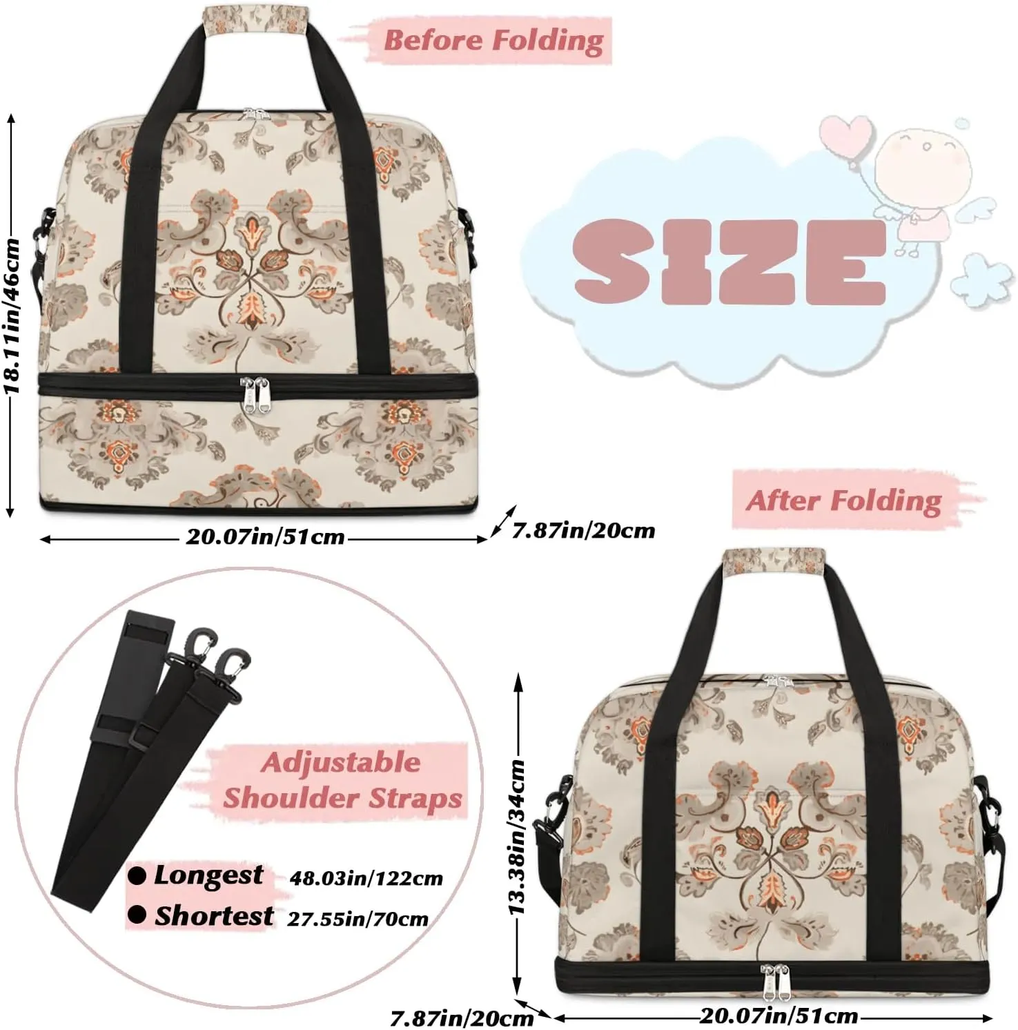 Abstract Print Boho Flora Travel Duffle Bag, Collapsible Travel Bag Sports Gym Bag With Shoes Compartment Weekender Bag Overnight Bag For Women Men