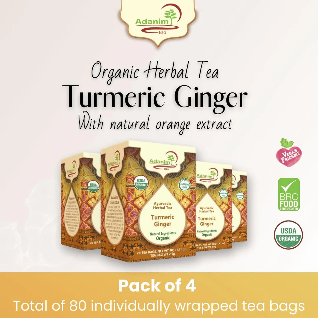 Adanim Bio Ginger Turmeric Tea, Value Pack 80 Teabags, Caffeine-free Organic Blend of Soothing and Flavorful Herbal Infusion for Overall Well-being