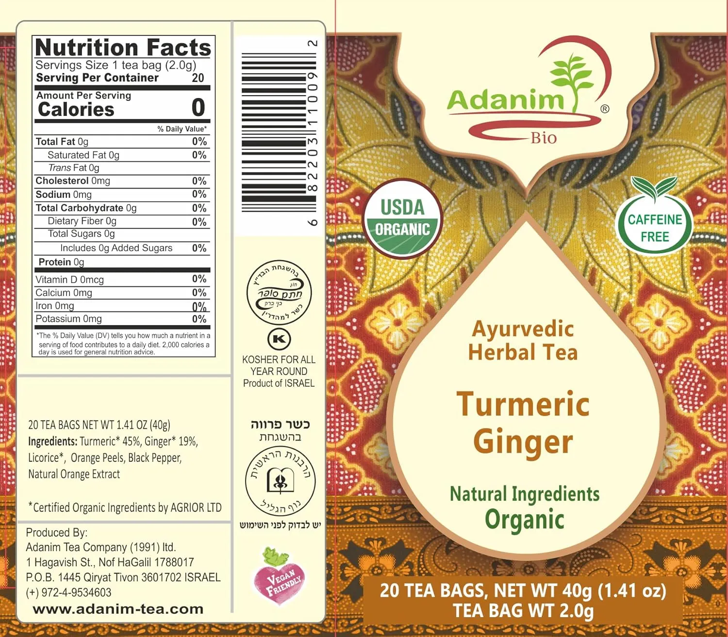 Adanim Bio Ginger Turmeric Tea, Value Pack 80 Teabags, Caffeine-free Organic Blend of Soothing and Flavorful Herbal Infusion for Overall Well-being