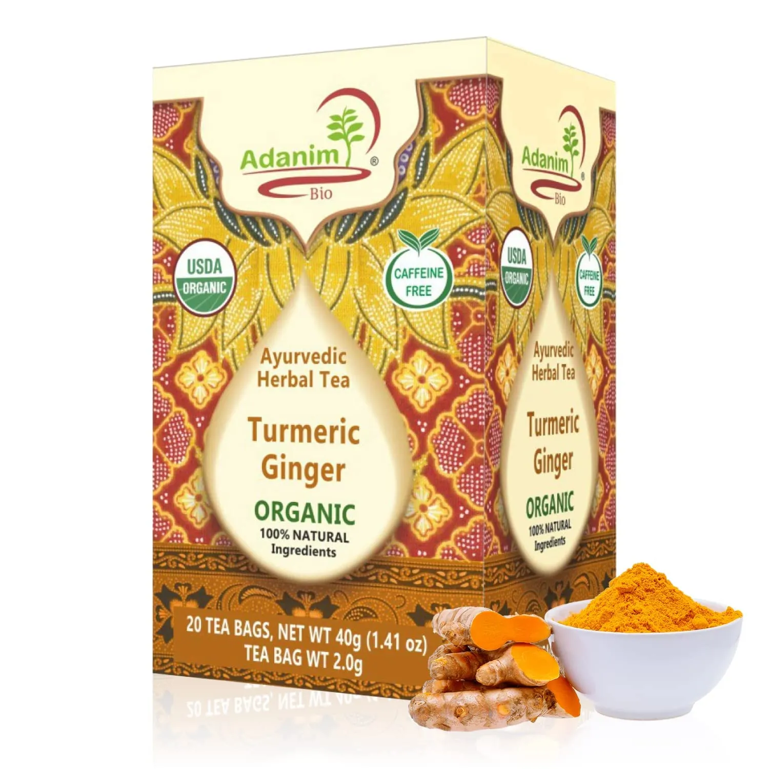 Adanim Bio Ginger Turmeric Tea, Value Pack 80 Teabags, Caffeine-free Organic Blend of Soothing and Flavorful Herbal Infusion for Overall Well-being