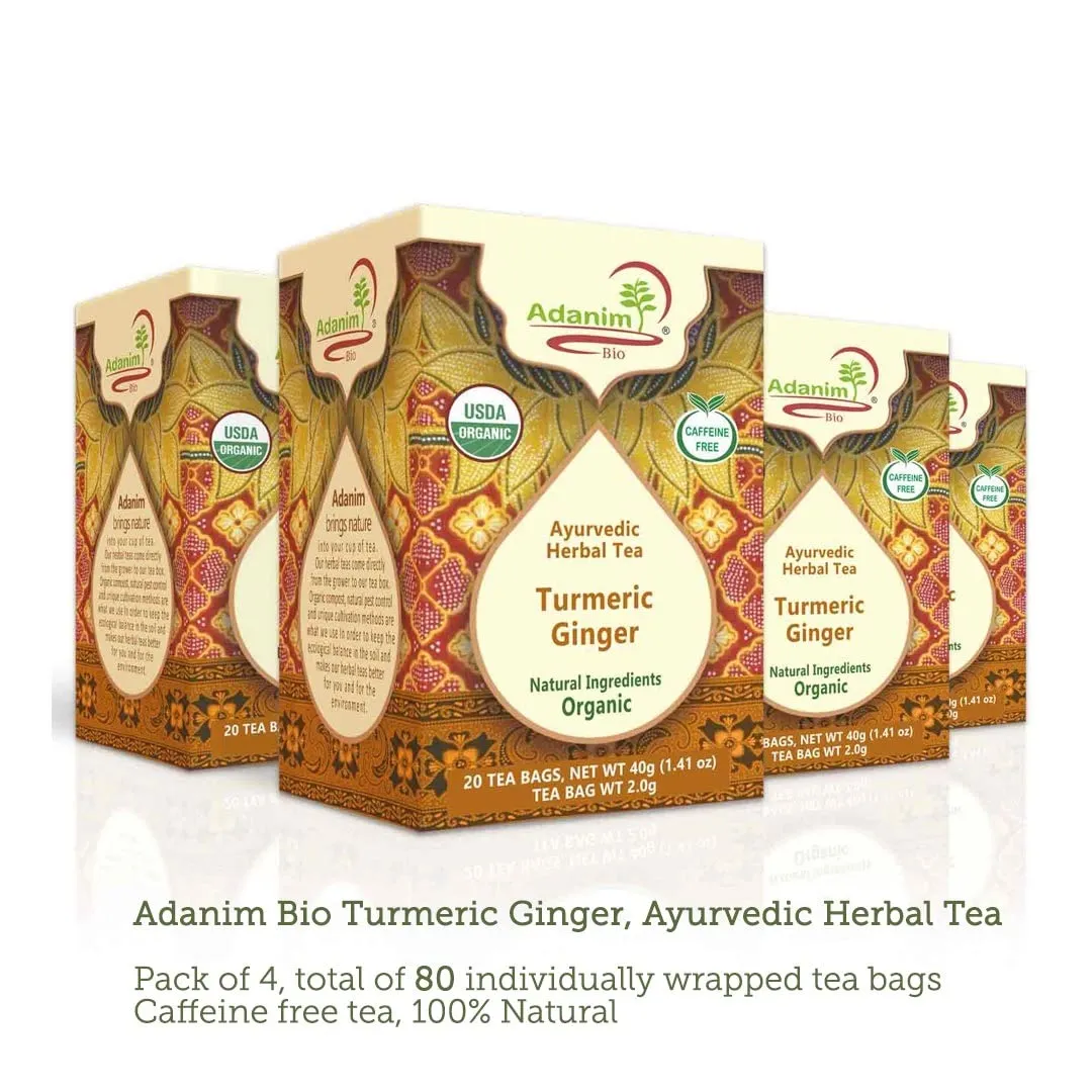 Adanim Bio Ginger Turmeric Tea, Value Pack 80 Teabags, Caffeine-free Organic Blend of Soothing and Flavorful Herbal Infusion for Overall Well-being